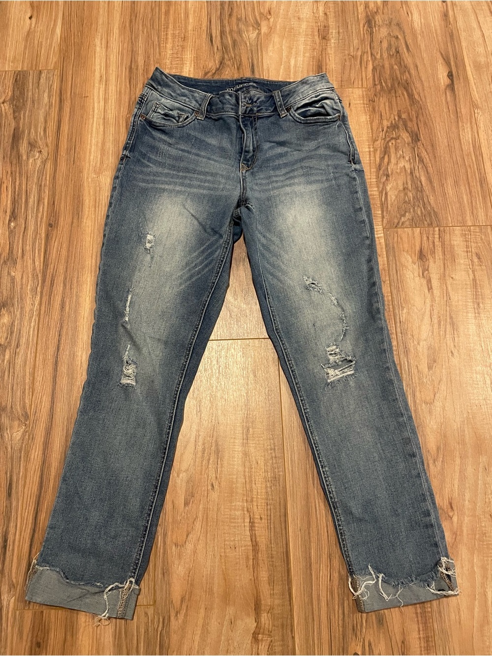 Maurices Boyfriend Jeans in Mid Blue with Distressed Details
